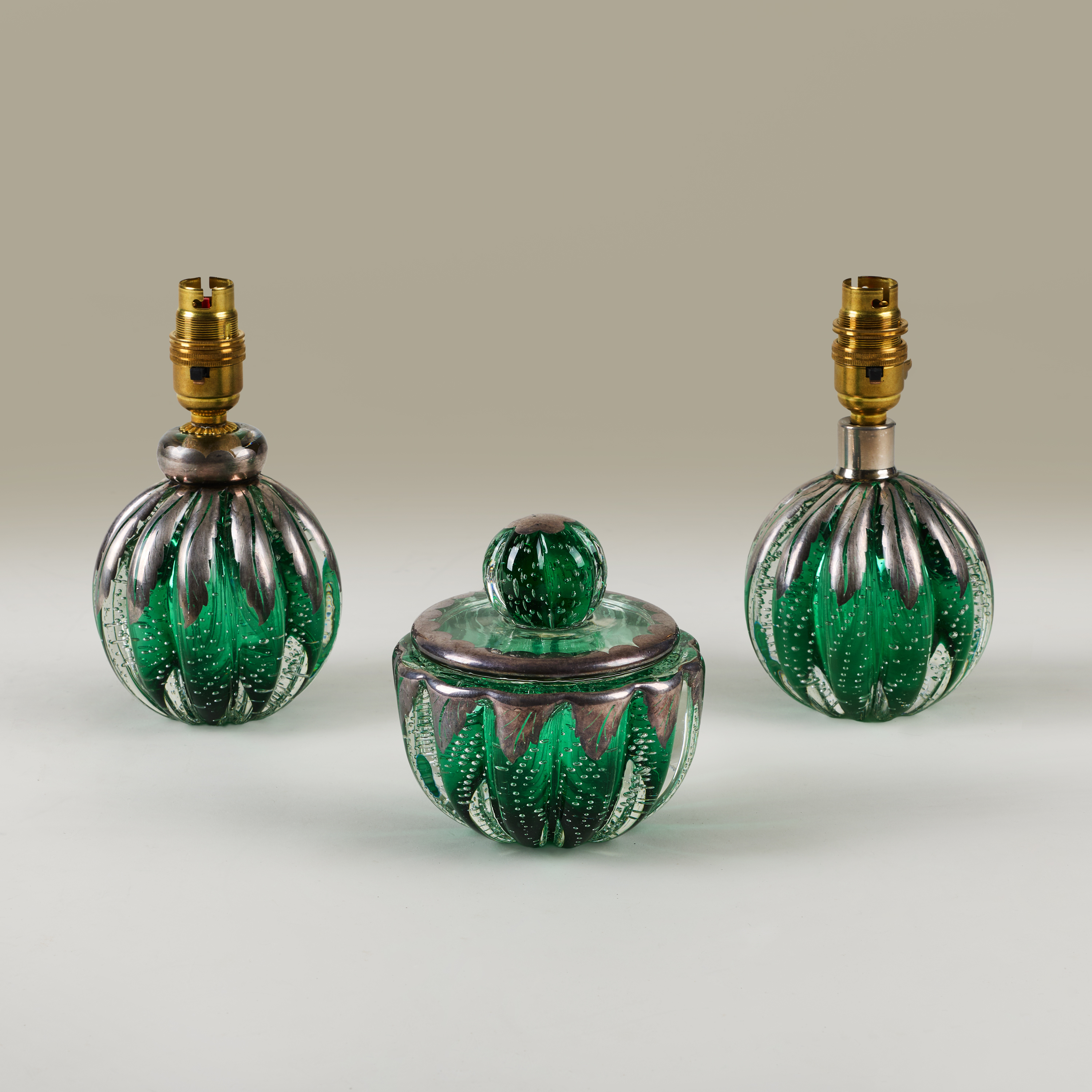 Seguso Green And Silver Ball Lamp And Bowl Set Valerie Wade 263244 V1