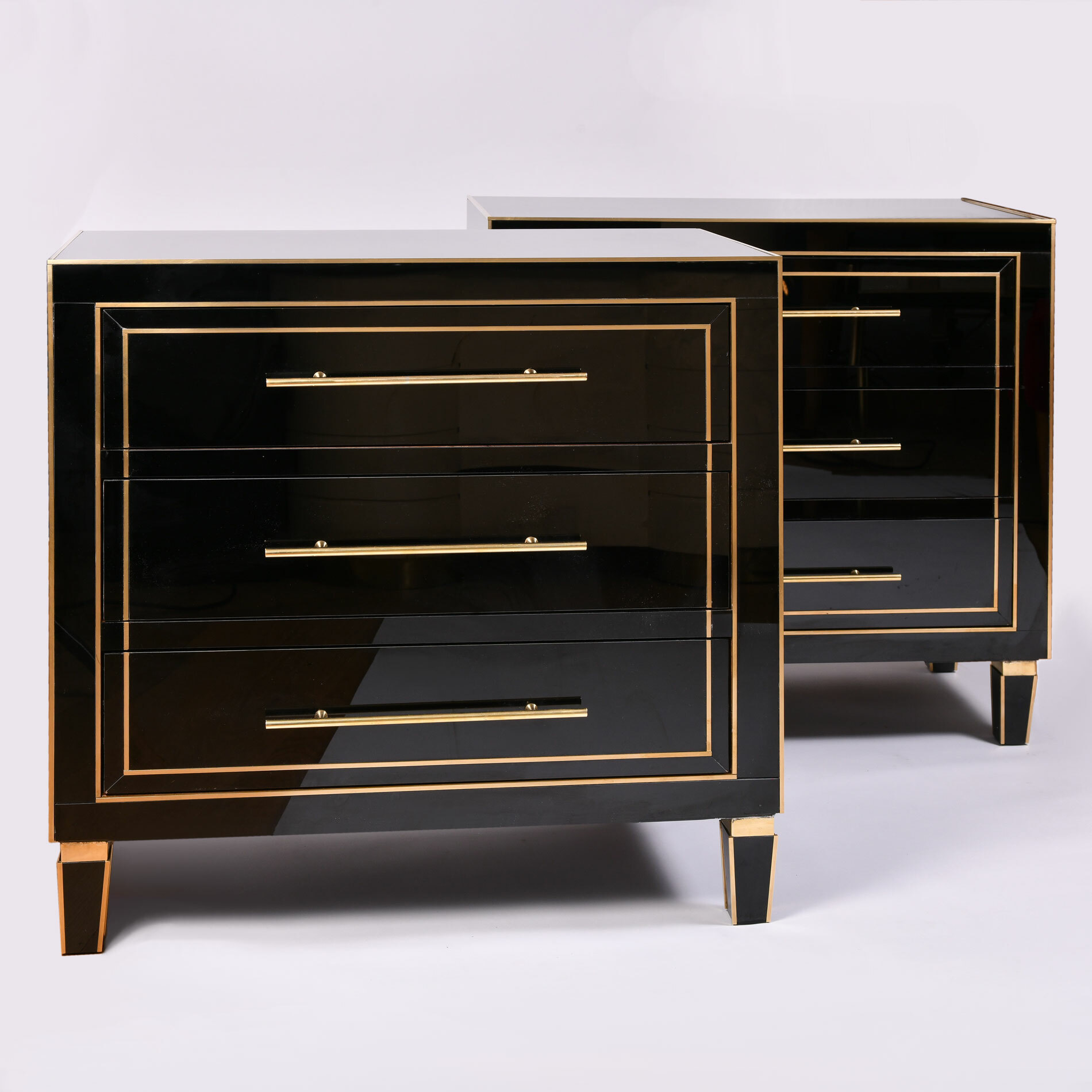 Cabinet with Wooden Drawers, Black Glass Beveled Edge and Brass, 1940s for  sale at Pamono