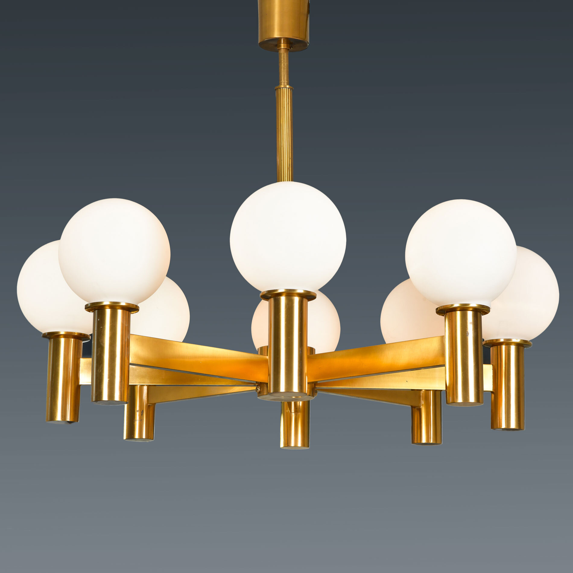 1970s Swedish eight-arm brass and glass chandelier