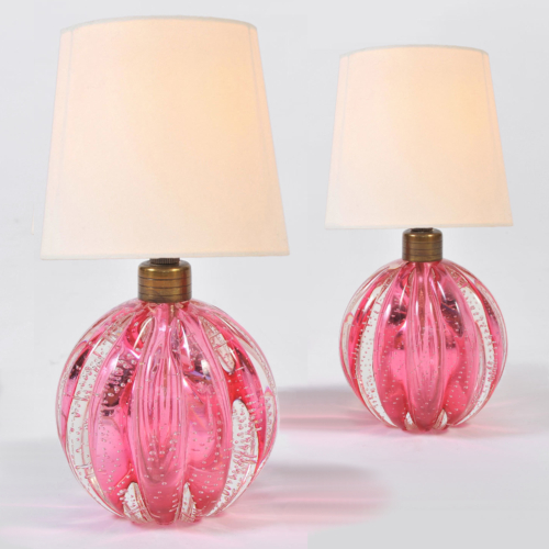 Pair Pink Murano Ball Lamps 01A