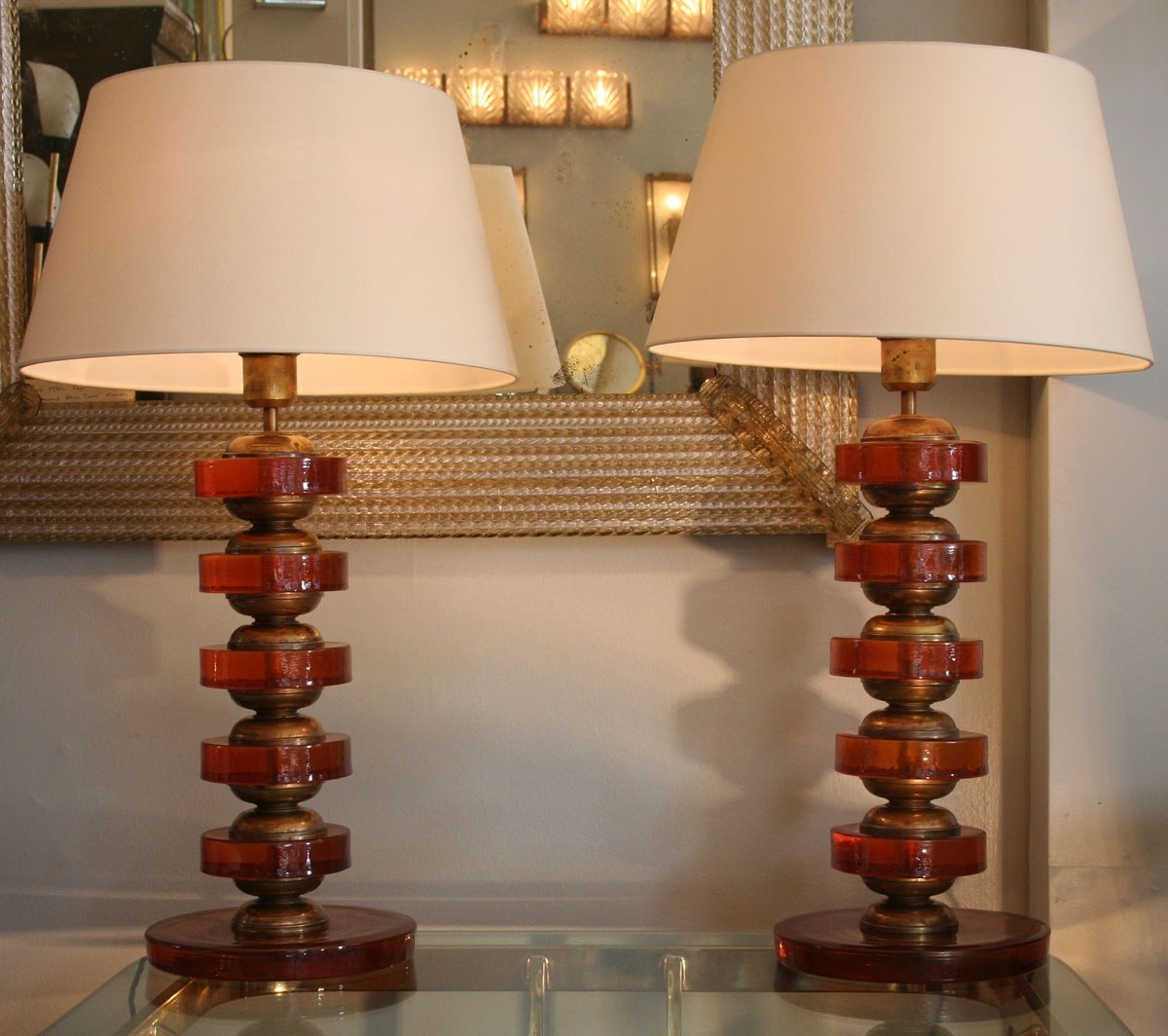 The image for Valerie Wade Lt499 Pair Italian Amber Disc Lamps 02