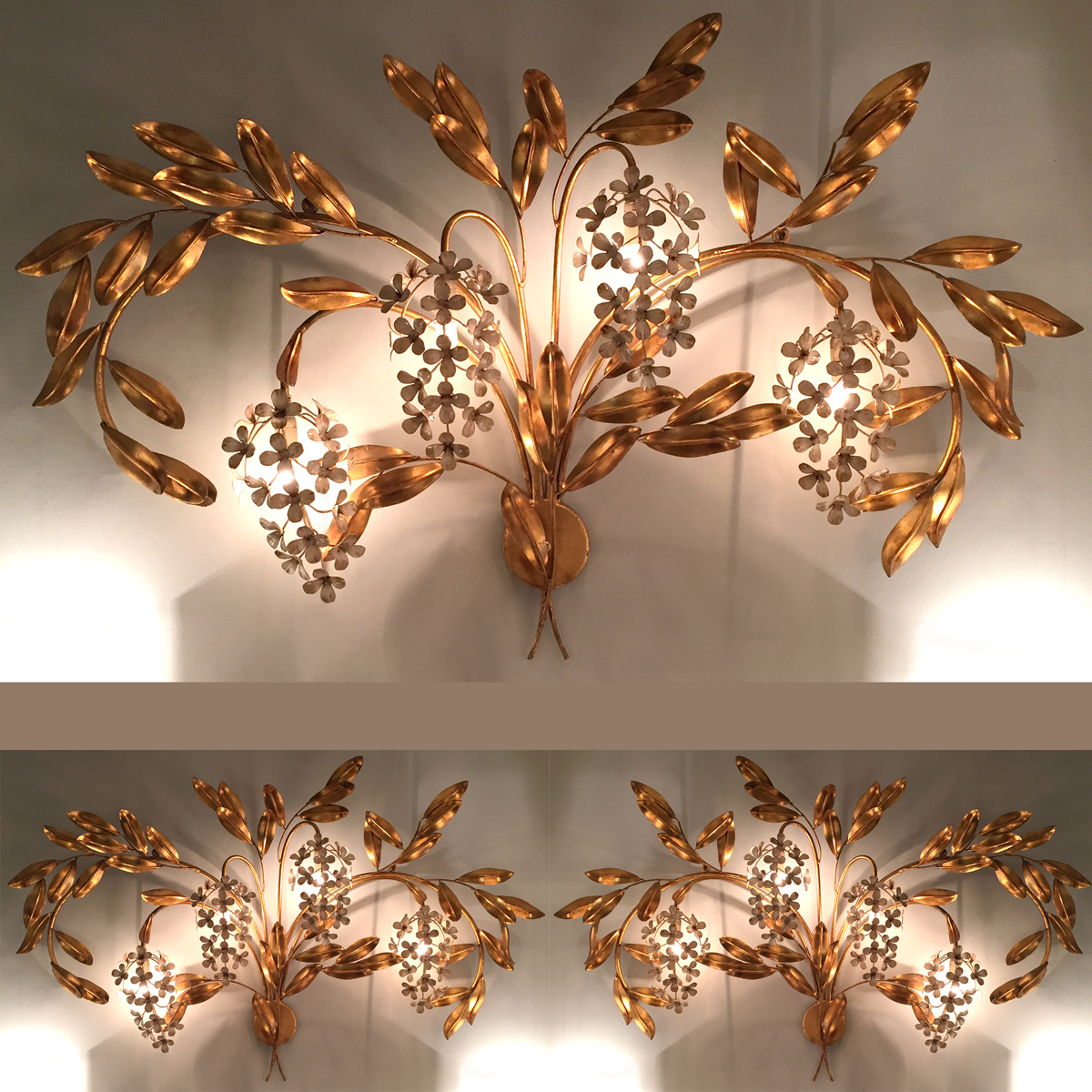 Large pair of French 'Wisteria' flower wall lights Valerie Wade